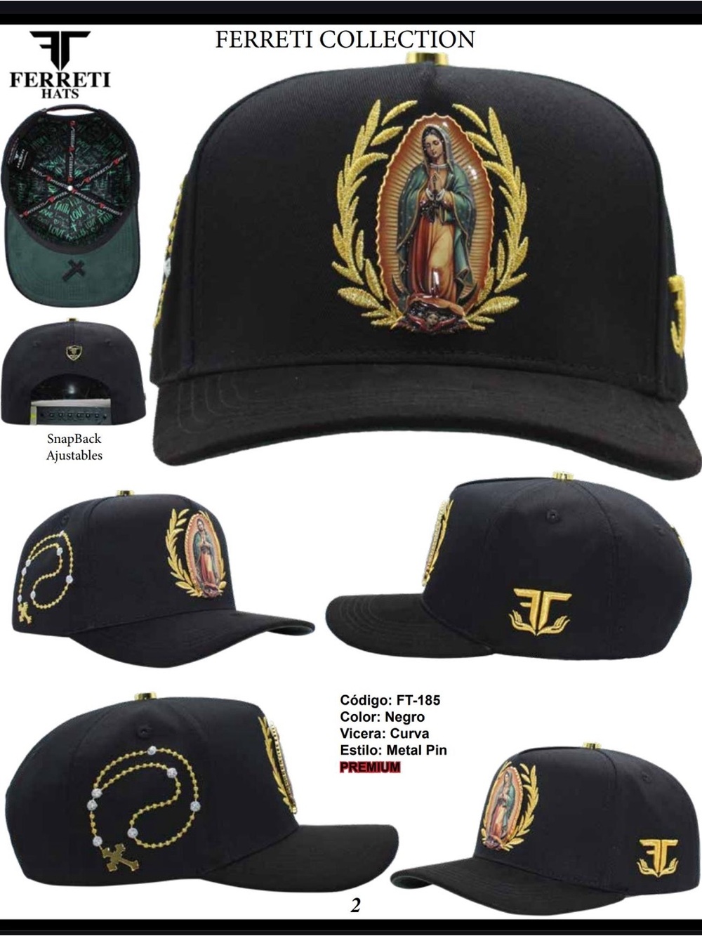 Black Snapback Hat with Gold Virgin Mary Embroidery